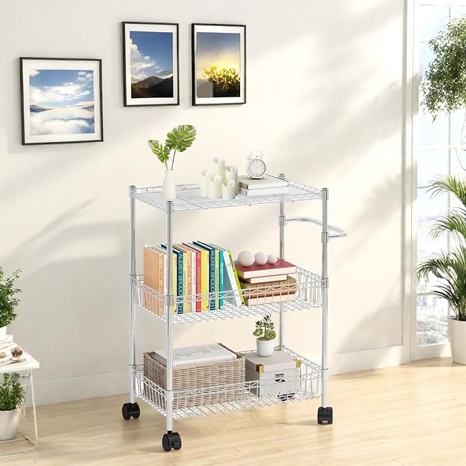 3 Tier Rolling Storage Cart, Adjustable Wire Storage Shelving Unit, Kitchen Cart On Wheels with Basket and Handle, Metal Organizer Wire Rack for Laundry Bathroom Pantry Room, Chrome