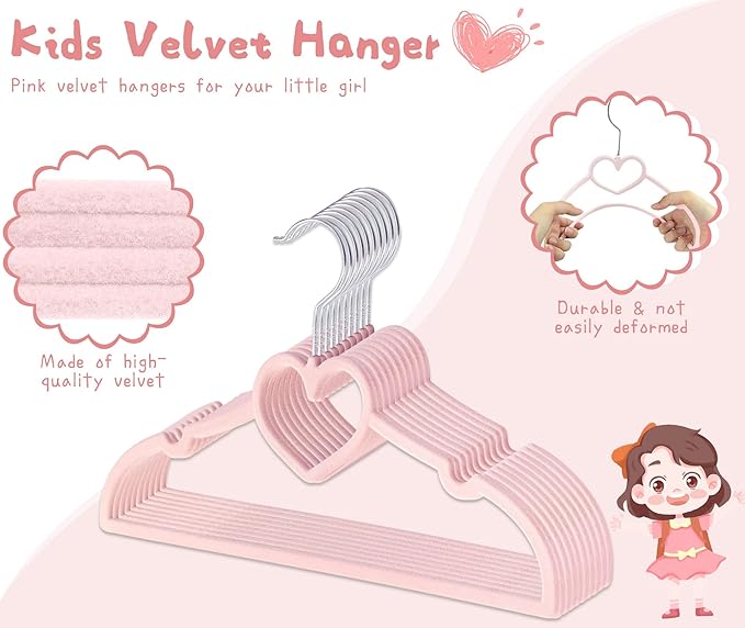 GOSCHE Baby Hangers 11 inch, Toddler Velvet Hnagers, Non-Slip for Baby and Children Clothes, Durable Ultra-Slim Space-Saving Closet Organizers, Pink, 30 Pack