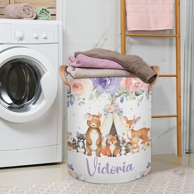 Personalized Laundry Basket, Custom Gift Laundry Hamper, Collapsible Nursery Waterproof Laundry Baskets, Dirty Clothes Toy Hamper with Handles Woodland Animals Blush