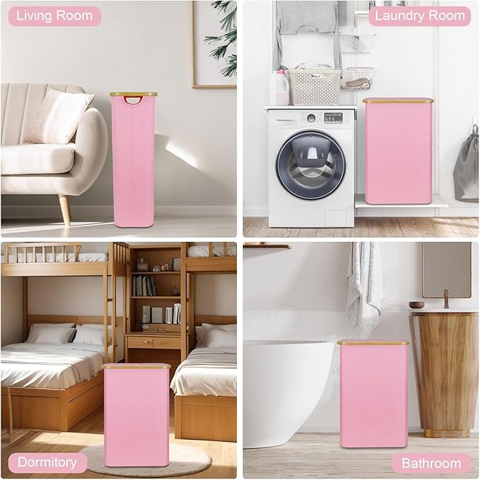 Pink Hamper Pink Laundry Basket - 60L Slim Laundry Hamper with Lid, Cute Hamper Girls Laundry Basket for Bedroom, Slim Girls Laundry Hamper with Bamboo Handle, Ideal for Valentine's Day Gift