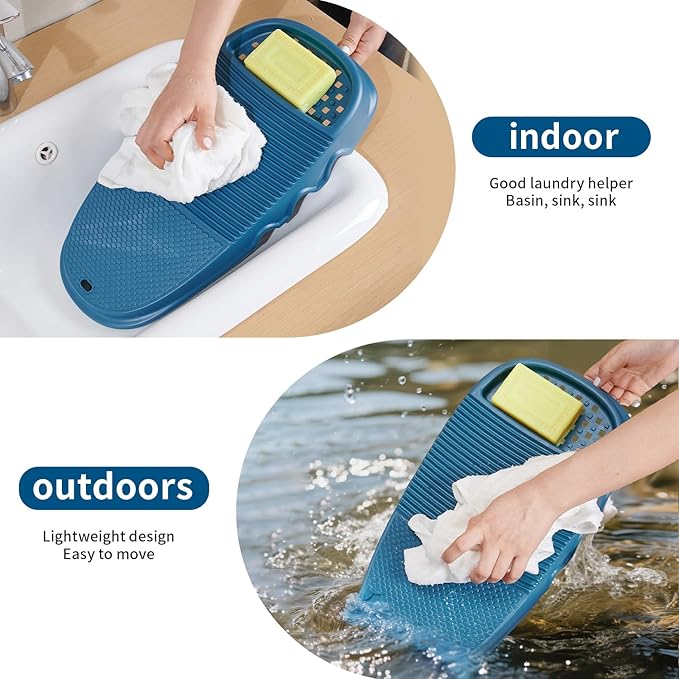 Portable Hand Wash Board with Soap Holder - Durable Plastic Laundry Scrubboard, Compact Clothes Cleaning Tool for Home, School, Dormitory & Travel - Blue