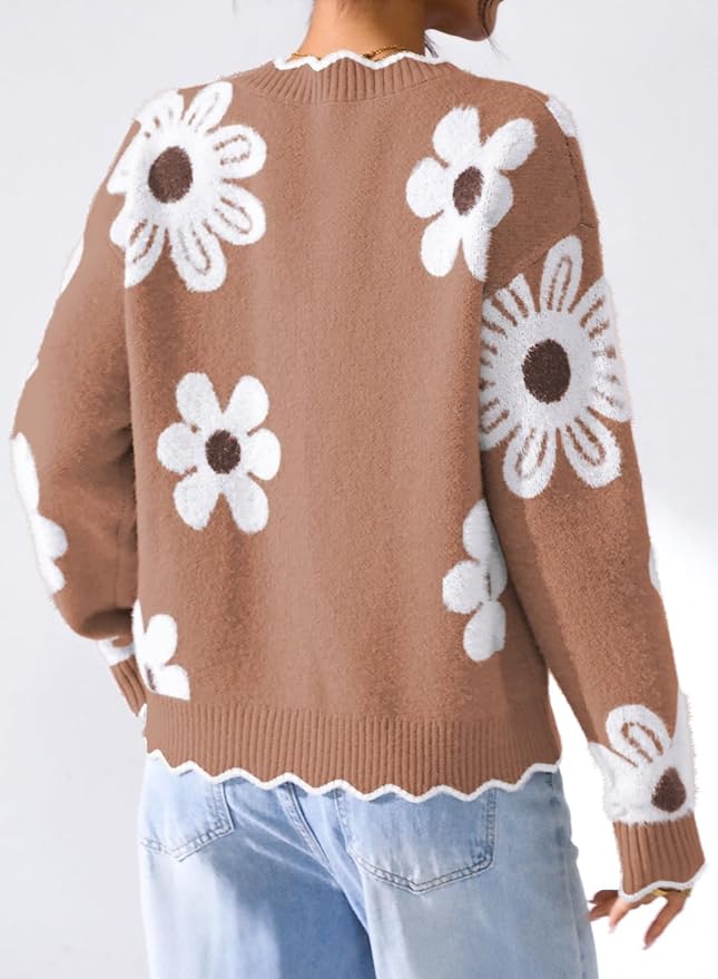 Pink Queen Fuzzy Sweater Cardigan for Women 2025 Fashion Long Sleeve Flower Outerwear Button Down Open Front Cardigan Coat