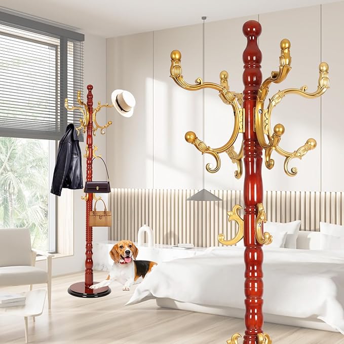 Coat Rack Freestanding,Solid Wooden Coat Rack Stand with 3 Height Options,14 Hooks, Natural Birch Coat Tree Easy to assemble for Clothes Jacket Hat bag Entryway (mahogany) (begonia)