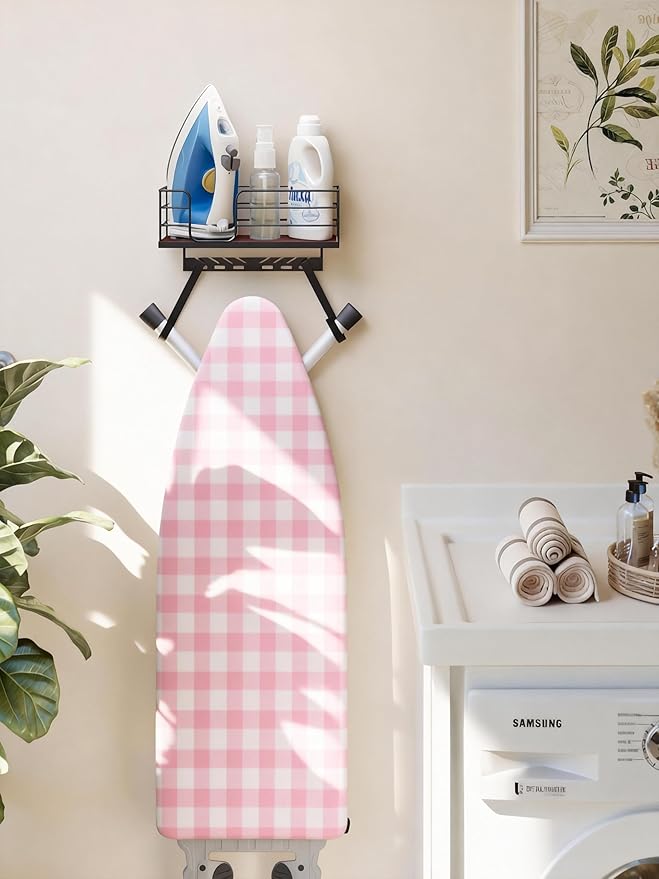 THYGIFTREE Ironing Board Hanger Wall Mount Adjustable Hooks Fits T & Y Shaped Boards, Iron Holder Metal Frame with Wood Shelf for Laundry Room Organization, Holds Iron, Steamer & Accessories