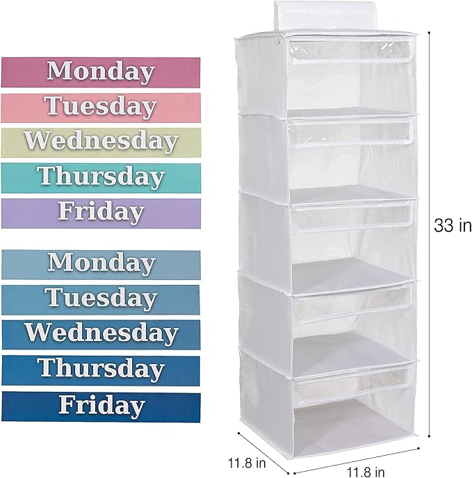 Weekly Clothes Organizer for Kids – 5 Shelf Hanging Closet Storage for School Outfits | Monday to Friday Daily Clothing Divider with Color Labels, 33" Durable Polyester