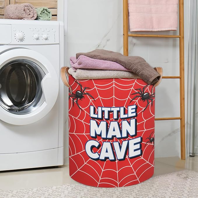 Little Man Cave Laundry Basket Hamper - Spider Web Collapsible Storage Bin for Blankets, Kids Toys, Clothes, 62L Large Red Tall Baby Nursery Hamper for Bathroom, Boys Bedroom Decor, Gift Basket