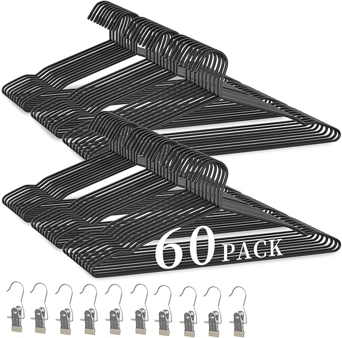 60Pack Heavy Duty Metal Hangers+10 Clothes Pins, Thickened and Reinforced Black Metal Hangers, Weight Capacity 50 lbs, Heavy Duty Hanger for Coats, Suits, Shirts, Dresses