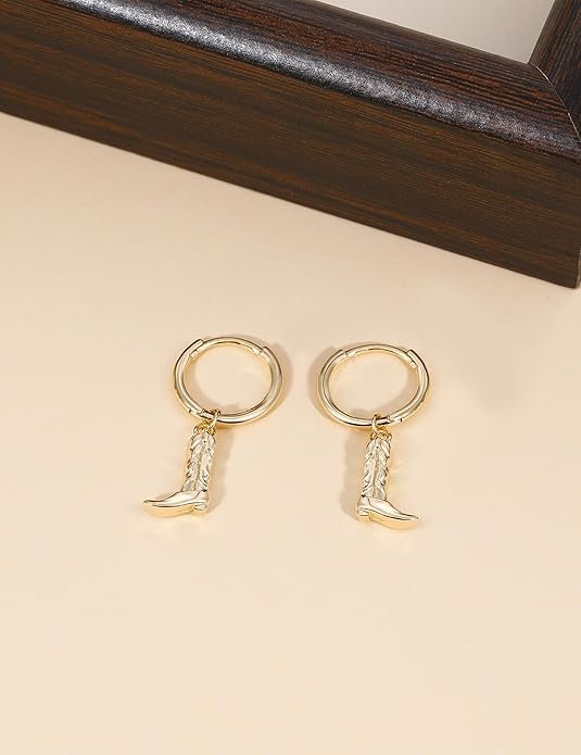 Mameloly Cowgirl Earrings for Women CZ 14K Gold Plated Western Cowboy Hat Dangle Hoop Earrings Cute Jewelry Hypoallergenic