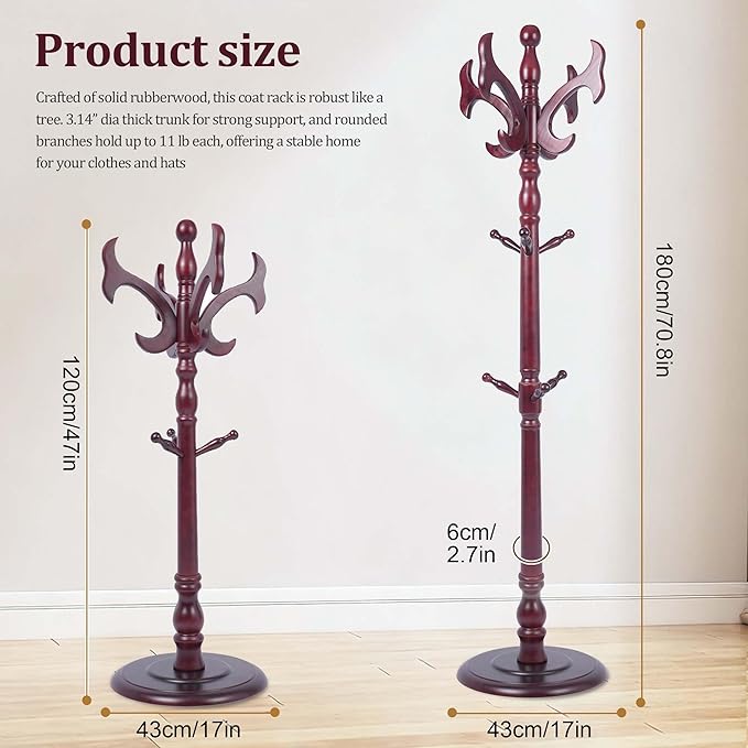 73" Wooden Coat Rack Freestanding, Coat Rack Stand With 18 Hooks And Round Solid Wood Base，Adjustable Height, Easy To Assemble For Entrance Hallway Office Living Room Bedroom (fishtail)