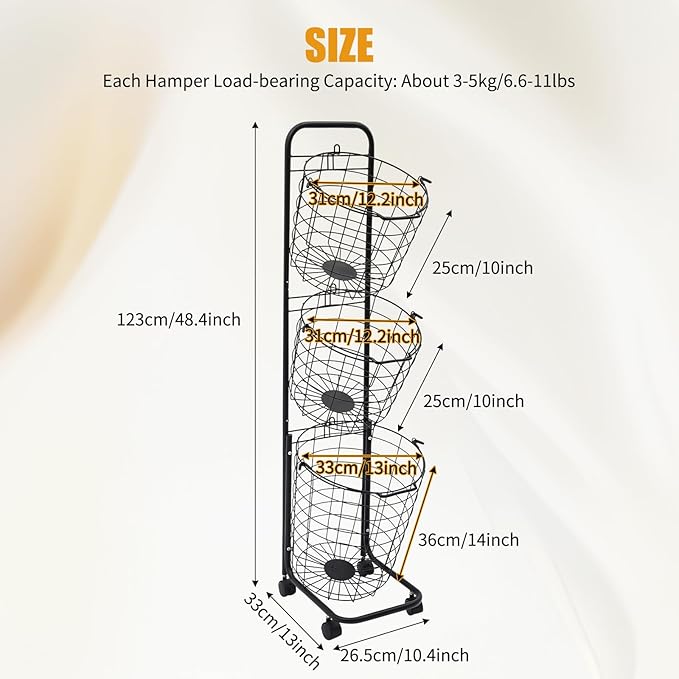 3-layer Standing Clothing Sorting Laundry Basket,Dirty Clothes Basket Rack with Wheels, Durable Removable Iron Wire Metal Classification Storage Rack for Sort and Store Dirty Towels, Bedding, Black