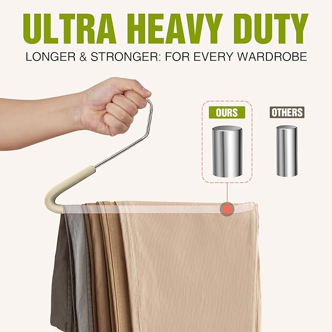 Spring Fever Open Ended Non Slip Sponge Padded Pants Hangers - Chrome Plating Foam Heavy Duty Space Saving Beige Long 10