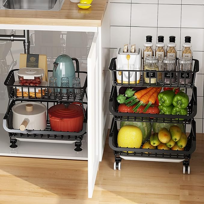 Metal Wire Baskets with Wheels, Stackable Storage Bins Kitchen Organizer Shelf 3-4-5-6 Tier Fruit Vegetable Cart Dishes Seasonal Rack Shelves for Garage, Pantry, Bathroom and Produce holder