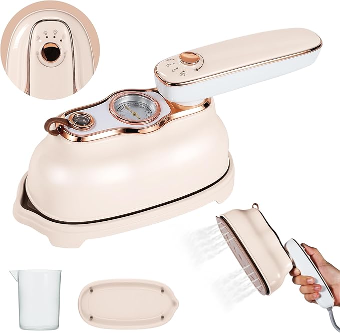 VAYALT Mini Steamer Travel Iron for Clothes, 180° Rotating Handheld Steam Iron, Two Ironing Modes, Three steam levels, 15 Seconds Quick Preheat, Suitable for Dormitory, Home and Travel(Beige)