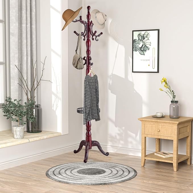 Wooden Coat rack freestanding, Coat racks stand with storage basket, Heavy duty coat tree standing with 11 Hook for Bedroom, Entryway, Hallway, Office,Stury Base (Triangle Redwood)