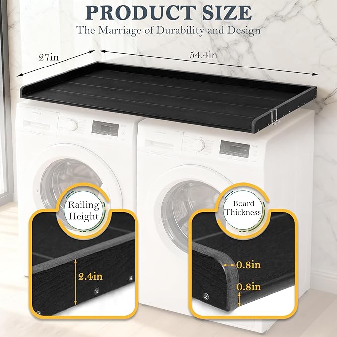 HDPE Washer Dryer Countertop, 54” x 27” No-Installation Laundry Countertop for Folding Clothes, Waterproof Washer and Dryer Topper with Raised Edge, Non-Slip Pads & Hooks (Black)
