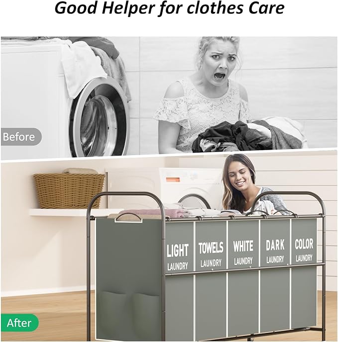 5-Section Laundry Sorter Cart, Large Laundry Hamper with Lockable Rolling Wheels, Versatile Storage Organizer with Removable Bags for Dirty Clothes, Gray