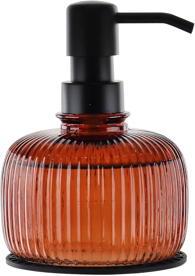 12 OZ Soap Dispensers with Silicone Mat, for Kitchen and Bathroom Contertop Wash Hand Liquid, Dish Detergent, Farmhouse Style Shampoo Lotion Pump (1, Brown Glass with Black, 4" x 4" x 5-1/2")