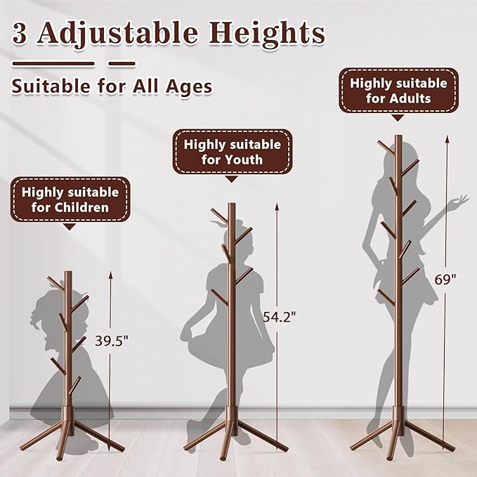 Wooden Coat Rack Freestanding with 8 Hooks,Easy Assembly New Zealand Pine Tree Coat Racks, 3 Adjustable Sizes for Clothes, Hats, Bags, for Entryway, Hallway, Bedroom, Office (Brown, 2 PCS)