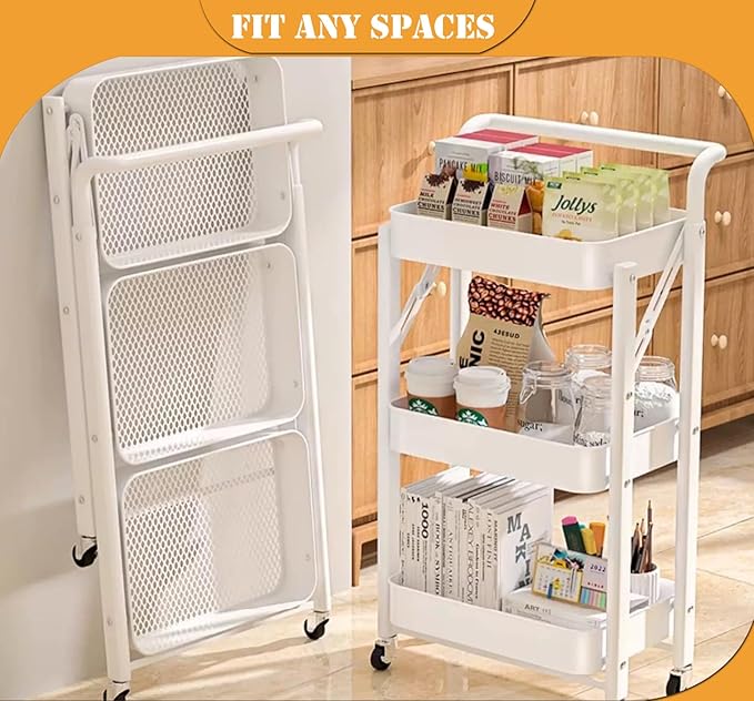 Foldable Storage Cart 3 Tier Rolling Cart with Wheels No Assemble Required Metal Utility Kitchen Cart Heavy Duty Folding Storage and Organizer for Classroom, Bedroom(White)