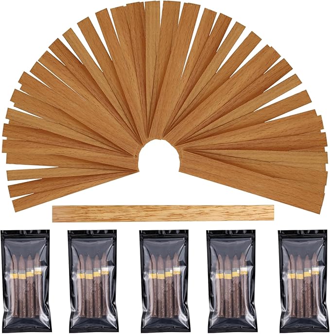100 Spanish Cedar Wood Spills + 5 Cigar Humidor Bags， Cigar Lighting and Pipe Smoking Assessories and Humidor for Cigar Box Tray Jar and Case，Travel-Friendly(0.02"Thick)