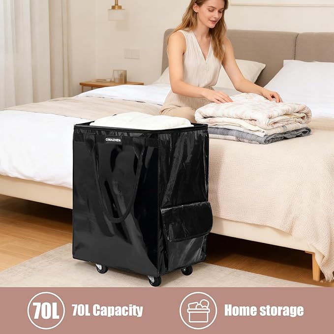 (Medium,Black) Reusable Grocery Bag on Wheels, Foldable Rolling Tote Bag with 3 Handles and Zipper, Storage Organizer for Clothes & Groceries, Rolling Shopping Cart for Trips, 76lb