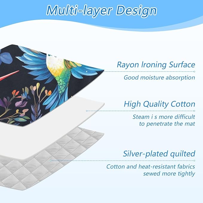 Portable Ironing Mat for Table Top Iron Pad Heat Resistant Blanket Portable Travel Ironing Board Covers Tabletop Sewing Pressing Quilting Large 27.6x47.2Inches Hummingbirds Flower Spring Black