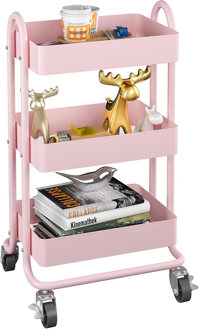 MIOCASA 3-Tier Metal Utility Rolling Cart, Heavy Duty Multifunction Cart with Lockable Casters, Easy to Assemble, Suitable for Office, Bathroom, Kitchen, Garden