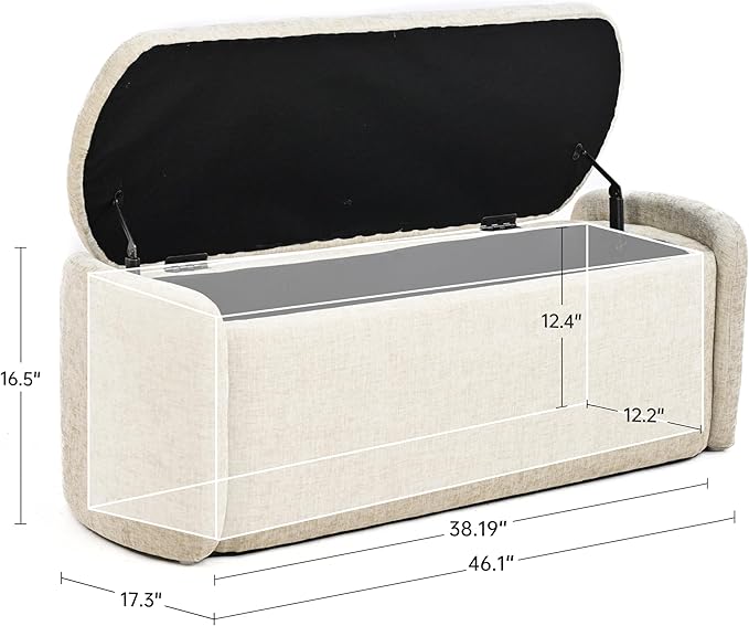 VKNOW Oval Storage Ottoman Bench, 46" Upholstered End of Bed Bench Ottomans Bench Foot Rest, Sherpa Storage Bench for Bedroom, Living Room and Hallway, Light Brown
