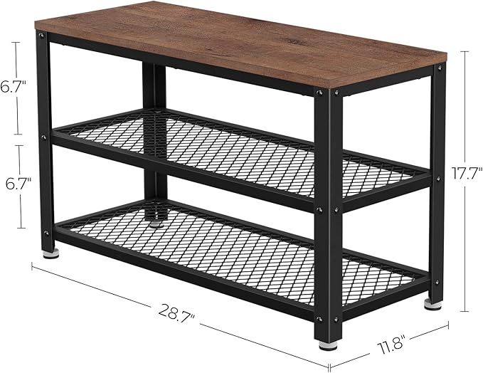 VASAGLE 3-Tier Shoe Rack, Shelf Storage Bench with Metal Mesh Shelves and Seat, Free Standing Shoe Organizer for Entryway, 11.8 x 28.7 x 17.7 Inches, Hazelnut Brown and Black ULBS073B03
