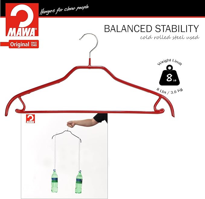 Mawa by Reston Lloyd Silhouette Non-Slip Space Saving Hanger with Skirt Hooks, Style 41/FRS, Set of 2, Red