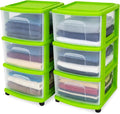 HOMZ 2-Pack Drawer Tower, 3-Tier Clear Plastic Storage Organizer Cart, Bold Lime Frame - Organizing Containers with Wheels for Home, Bathroom, Bedroom, Office, and Classroom