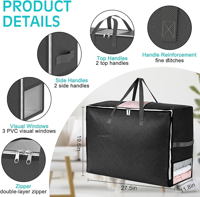8Pack 105L Extra Large Blanket Comforter Storage Bags, Foldable Storage Bags for King Comforter Bedding Pillow Sheet Clothes with Handles Zippers Clear Window Closet Organizers and Storages, Black