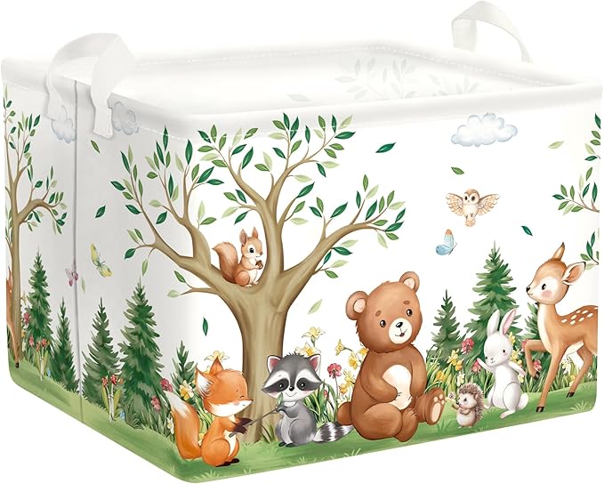 Forest Animals Laundry Hamper Woodland Tree Large Storage Basket Parents Organizer Kids Clothes Toy Bins for Bedroom, Bathroom, Bear, 36L