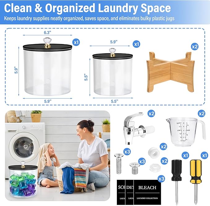 Laundry Detergent Dispenser Set 2 Pack Large & Small Liquid Laundry Soap Dispensers with Bamboo Stands Acrylic Laundry Detergent Containers Total Capacity About 1.25 Gallons Laundry Room Organization