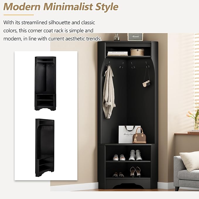 Linique Minimalist Corner Hall Tree with Shoe Bench,Versatile Entryway Coat Rack with 4 Hooks,Corner Cabinet with Adjustable Shoe Shelf for Hallway,Living Room,29.5''W*71.6''H,Black