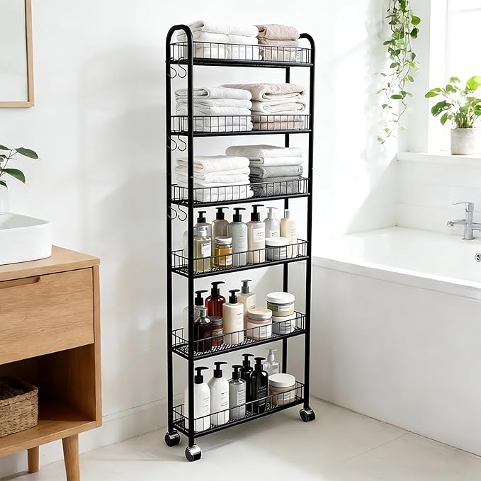 6in 6 Tier Slim Storage Cart with Wheels, Black Narrow Space Rolling Shelving Unit with Handle, Metal Wire Mobile Organizer Rack for Kitchen Bathroom Office Laundry