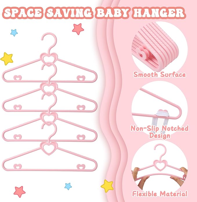 Pink Heart Baby Hangers 50 Pack Plastic Baby Clothes Hangers with Clips Non-Slip Laundry Kids Infant Hanger for Newborn Toddler Clothes, Stackable Space Saving