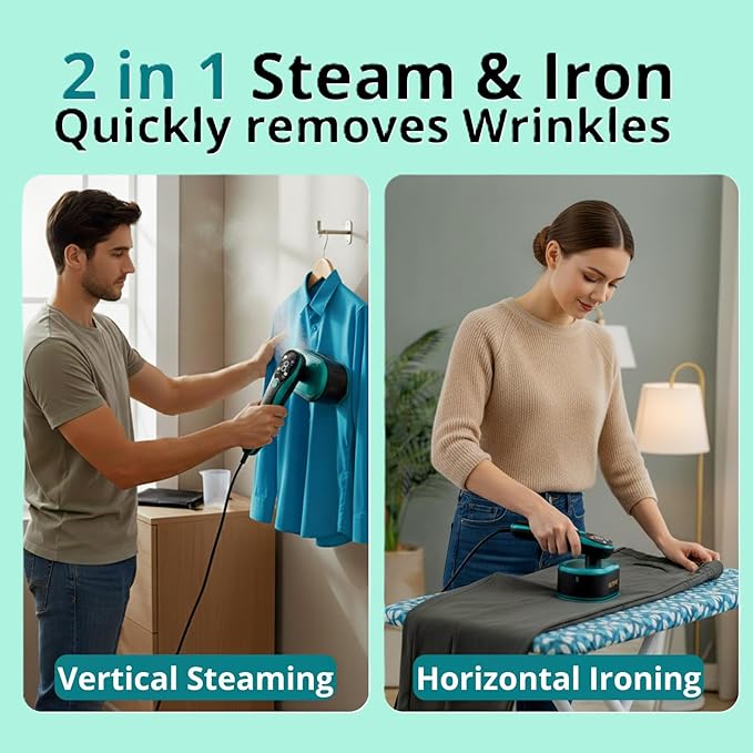 Travel Steamer for Clothes 1200W Powerful Wrinkle Remover, 2 in 1 Clothes Steamer & Steam Iron, 10-Second Heat Up, Lightweight & Compact Portable Iron for Home & Travel