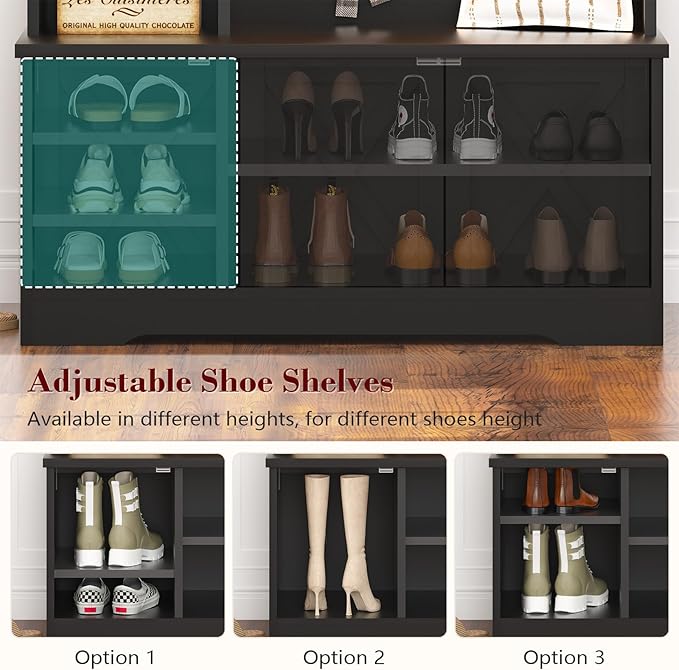 Hall Tree with Bench and Shoe Storage, Farmhouse Entryway Bench with Coat Racks and Led Lights, Black Tall Hall Tree with 7 Coat Hooks, 6 Storage Cubbies, Adjustable Shelf