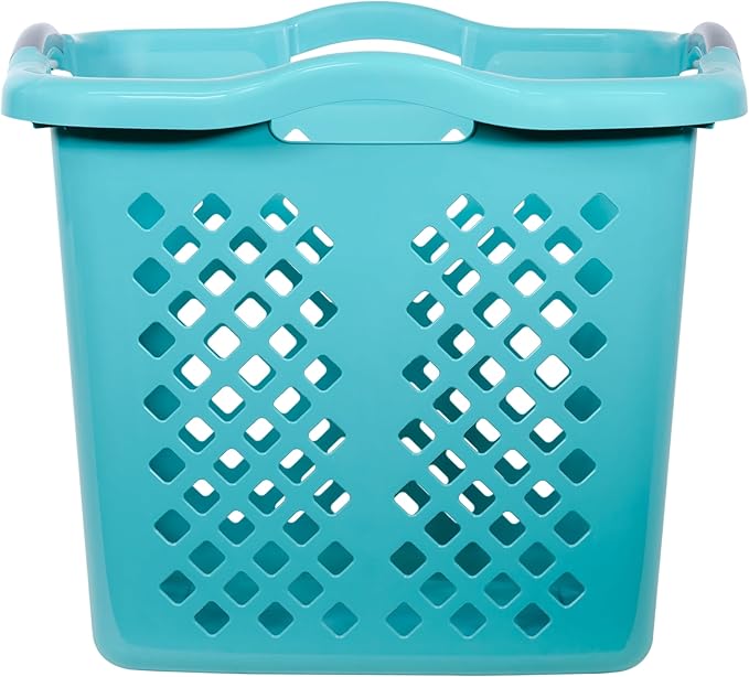 2 Pack Ultra Easy Carry Plastic Laundry Hamper, 2 Bushel Laundry Basket with Silver Handles for Home, Apartment, or Dorm Room, Blue