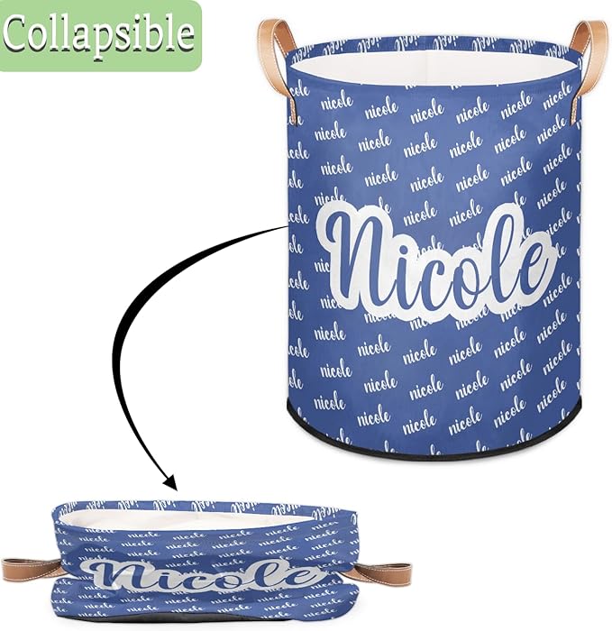 Custom Name Laundry-Hamper, Personalized Blue Kids-Clothes-Hamper Foldable with Name, Customized Storage Basket with Handles Waterproof Gift for Boys Girls Baby Women