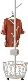 Freestanding Metal Coat Rack Stand with Basket Modern Organizer for Scarf Jacket Hat Bags Ideal for Home Entryway Bedroom Corner Stable and Moveable tree (white)
