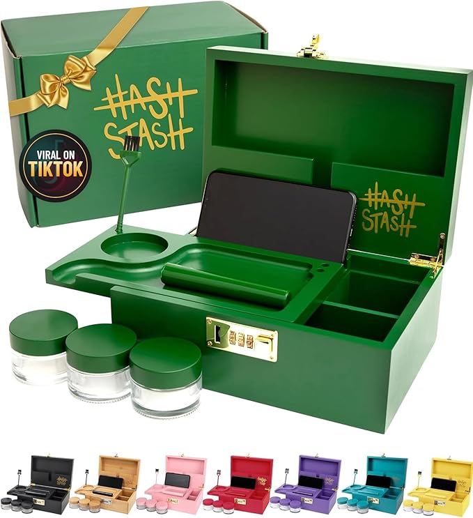 The OG Stash Storage Box - Large Bamboo Box with Combination Lock, Magnetic Lid, Organizer Tray, 3 Jars and Brush - Portable Decorative Wooden Lock Kit with Accessories (Green/Gold)