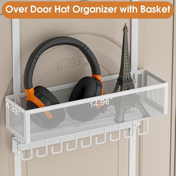 3 Tier Over Door Hat Rack with Basket - Hat Organizer Holder for Baseball Cap with 18 Hooks and 10 Movable Clips,Hat Hanger Storage Holds up to 28+ Caps for Door, Bedroom, Closet (White)