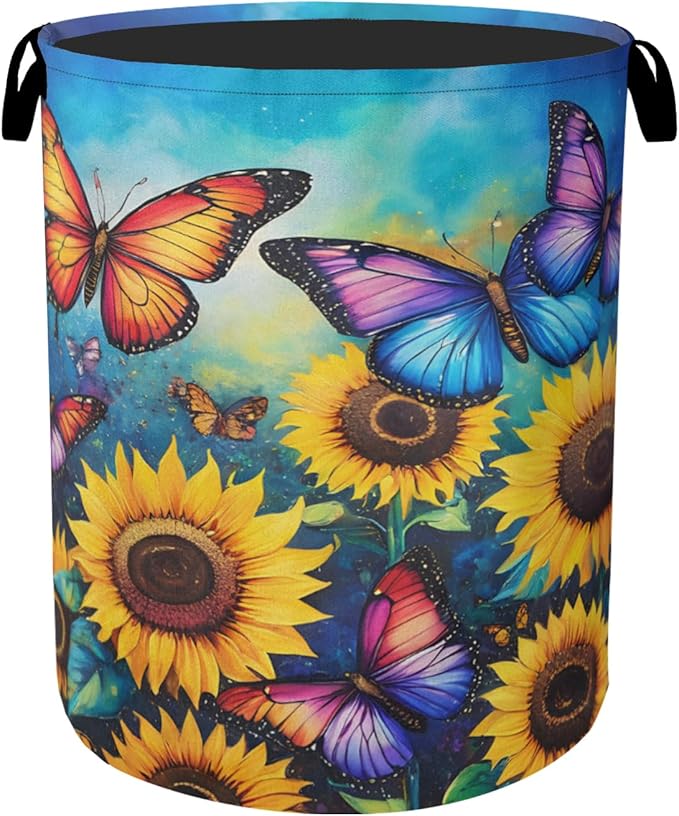 Butterfly Sunflower Laundry Basket, Heavy Duty 60L Dirty Clothes Hamper, Water Resistant Foldable Hamper for Girls Women