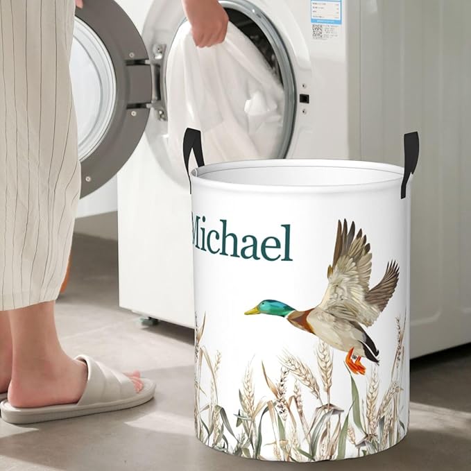 Personalized Laundry Basket for Nursery, Custom Nursery Laundry Hamper with Name, Customize Baby Clothes Circular Hamper for Boys Girls Room Decor, Wild Duck