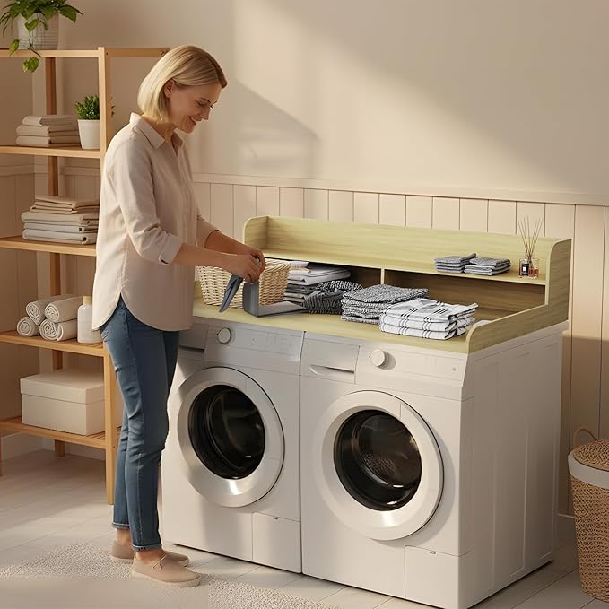 Fabuday 2-Tier Wood Washer Dryer Countertop with Shelf - Two Layers Laundry Topper for Storage & Organization, 54''x27.5''x11.9'' Counter Table with Edge Over Washing & Dryer, White Oak