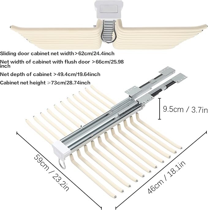 22 Arms Steel Slide Out Pants Rack Closet Pants Hanger Bar Pull Out Trousers Rack Tie Belts Scarf Racks, Top Mounted Wardrobe Clothes Organizers Rail Pull Out Closet Storage Rod-Beige