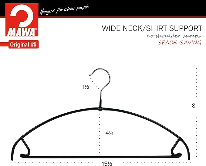 Mawa by Reston Lloyd Euro Ultra Light/Thin Series, Non-Slip Space Saving Clothes Hanger with Bar & Hook for Pants and Skirts, Style 42/PTU, Set of 130, Black