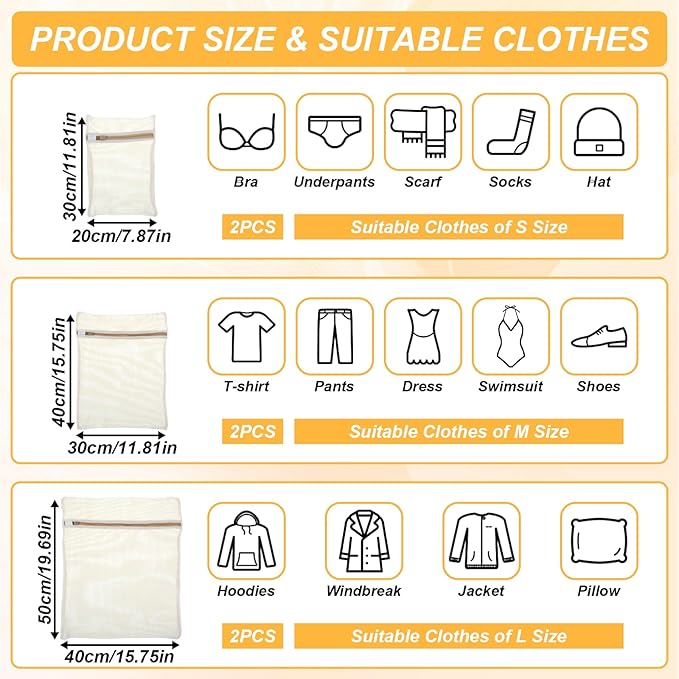 6 Pcs Laundry Bags Cotton Mesh Wash Bags Breathable Mesh Delicate Laundry Bag with Zipper, Travel Laundry Bag for Underwear, Delicates, Pants, Shoes, Socks, Bra Wash Bag for Washing Machine